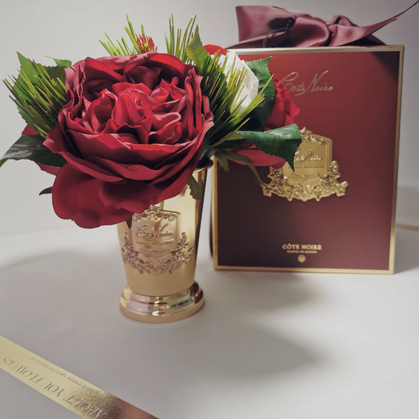 CÔTE NOIRE - GOLD GOBLET - RED PEONIES AND WHITE ROSE BUDS