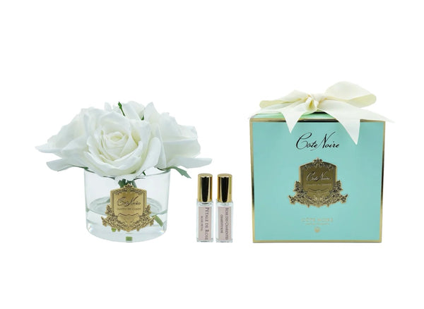 CÔTE NOIRE - PERFUMED NATURAL TOUCH 5 ROSES - CLEAR - IVORY WHITE & GOLD BADGE - JADE TIFFANY BOX