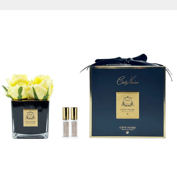COUTURE PERFUMED NATURAL TOUCH 4 ROSES - SQUARE BLACK VASE GOLD & YELLOW
